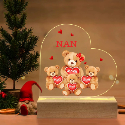 Personalised Heart Acrylic Lamp with Custom 5 Names Teddy Bear Design Night Light Gift for Nan | Jessmade