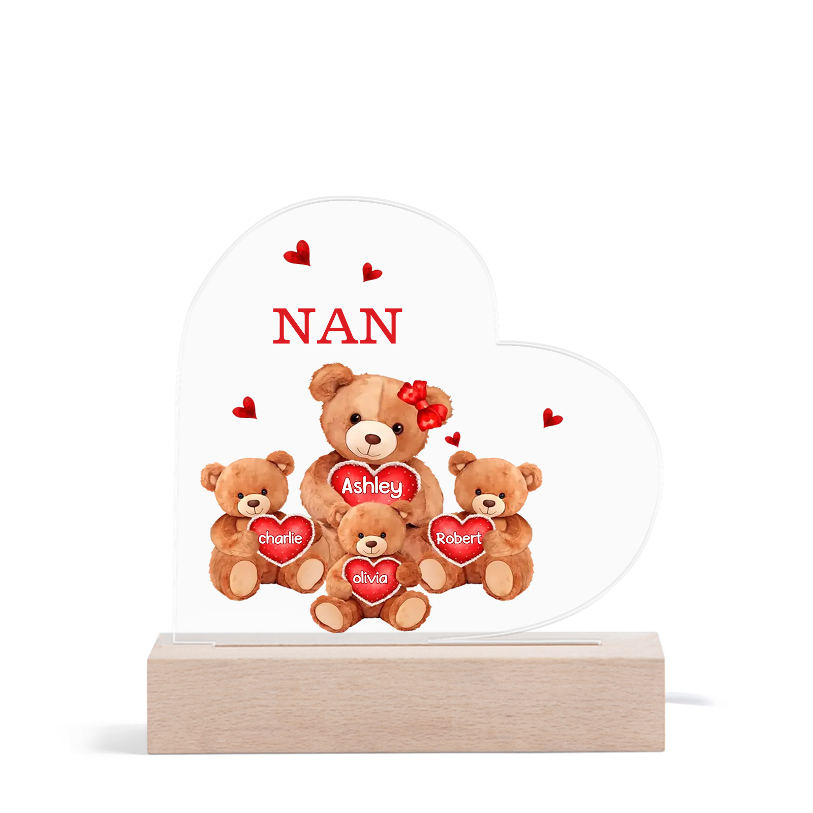 Personalised Heart Acrylic Lamp with Custom 5 Names Teddy Bear Design Night Light Gift for Nan | Jessmade