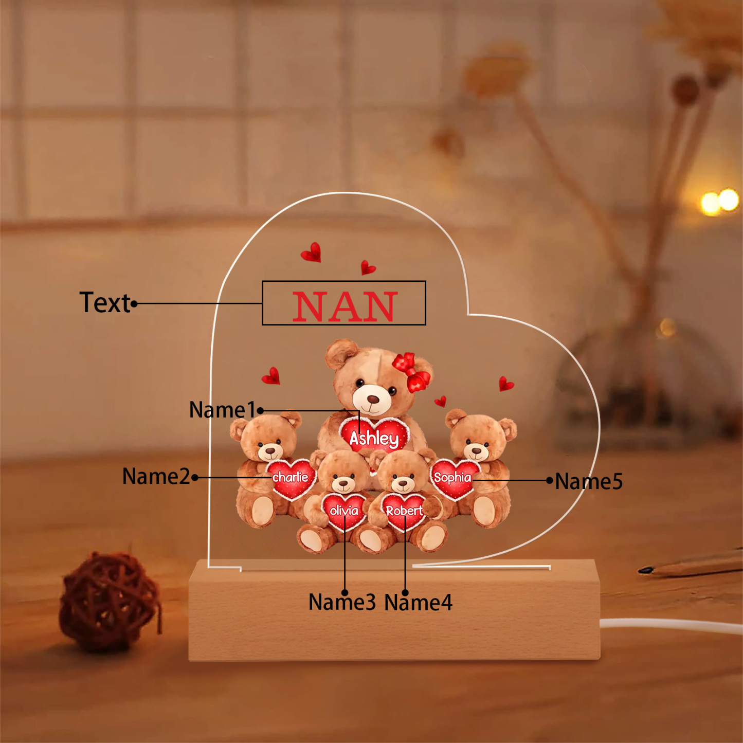 Personalised Heart Acrylic Lamp with Custom 5 Names Teddy Bear Design Night Light Gift for Nan | Jessmade