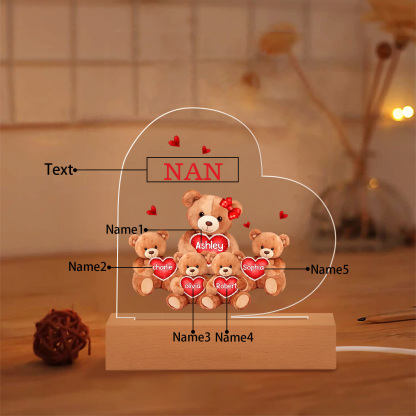Personalised Heart Acrylic Lamp with Custom 5 Names Teddy Bear Design Night Light Gift for Nan | Jessmade