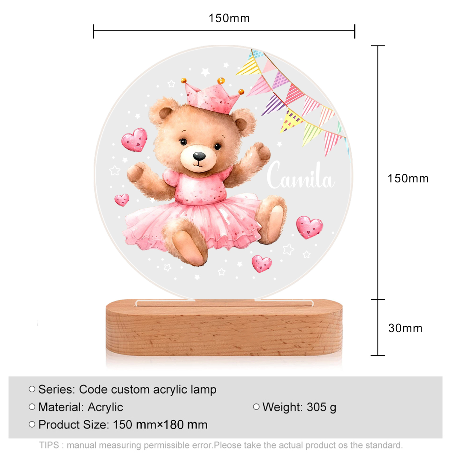 Personalised Night Light with Custom Name – Princess Bear Lamp Birthday Gift for Kids | Jessemade