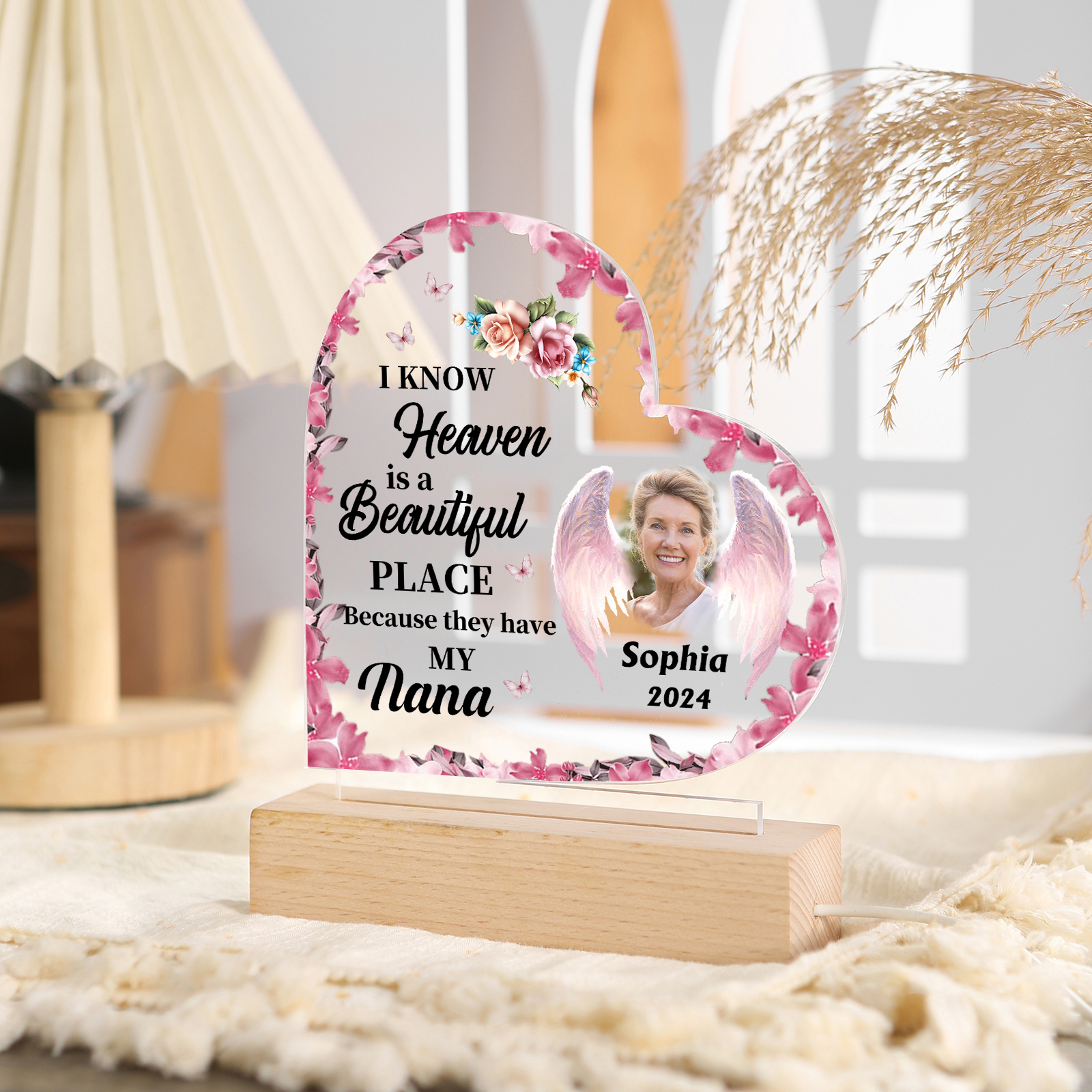 Personalized Heart Acrylic Lamp with Custom Photo & Name & Year & Salutation – Angel Memorial Night Light | Jessmade
