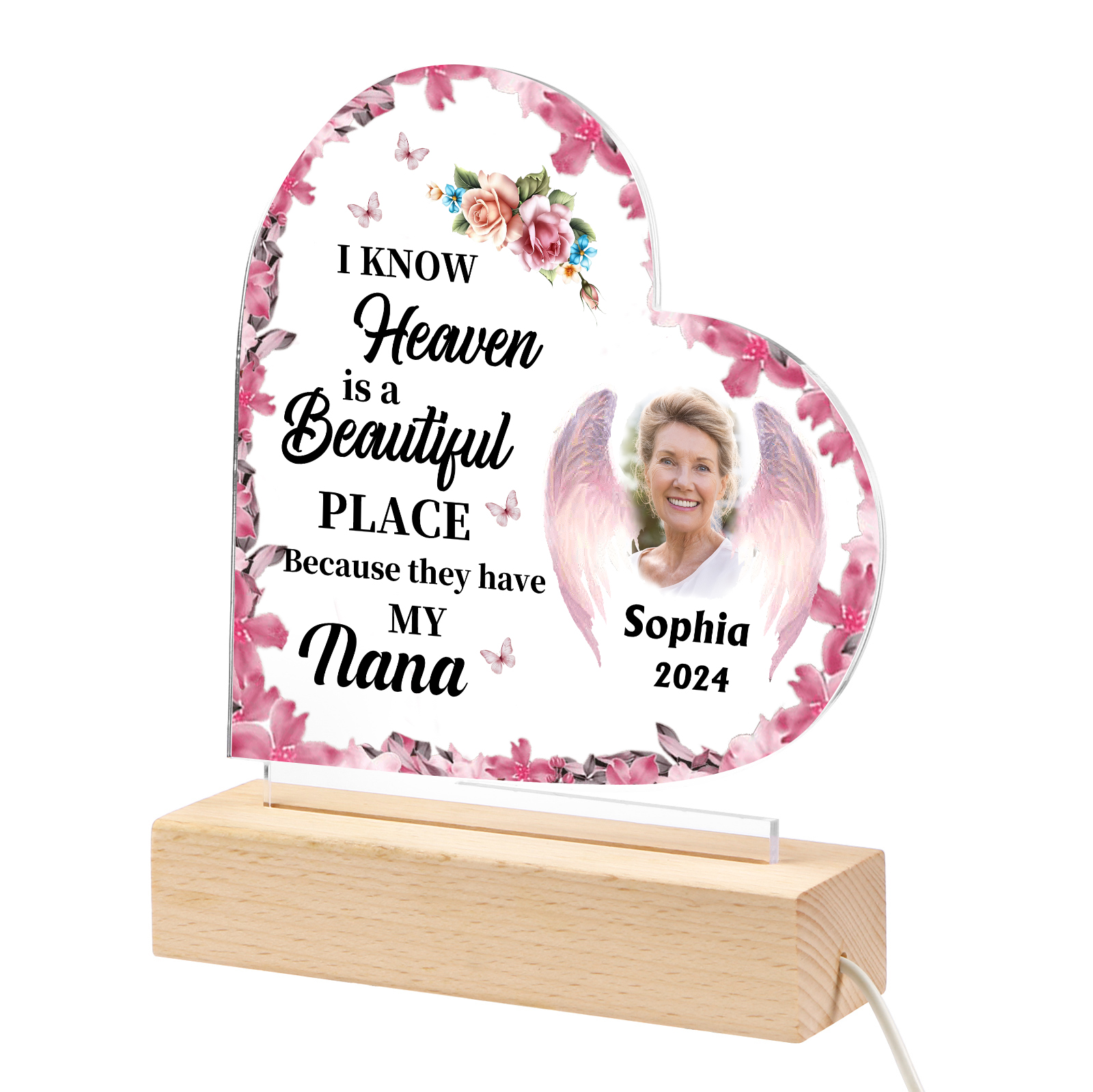 Personalized Heart Acrylic Lamp with Custom Photo & Name & Year & Salutation – Angel Memorial Night Light | Jessmade