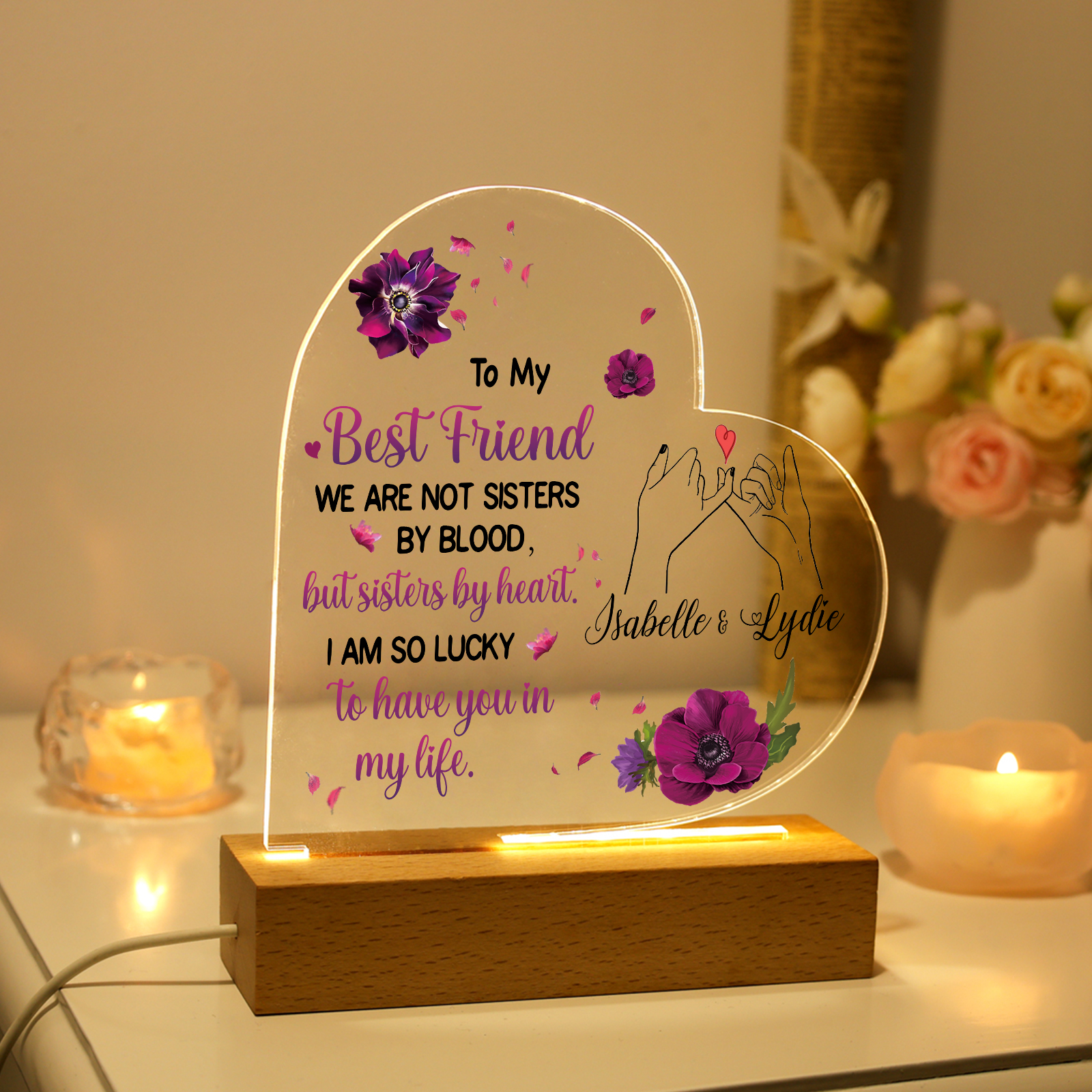 Personalised Acrylic Night Light - Custom 2 Names Heart Shaped Home Decor Christmas Gift for Best Friend | Jessemade