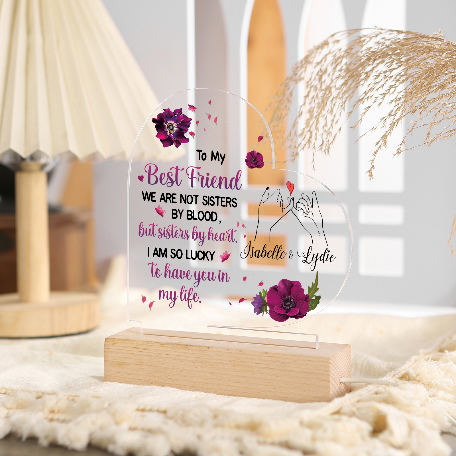 Personalised Acrylic Night Light - Custom 2 Names Heart Shaped Home De