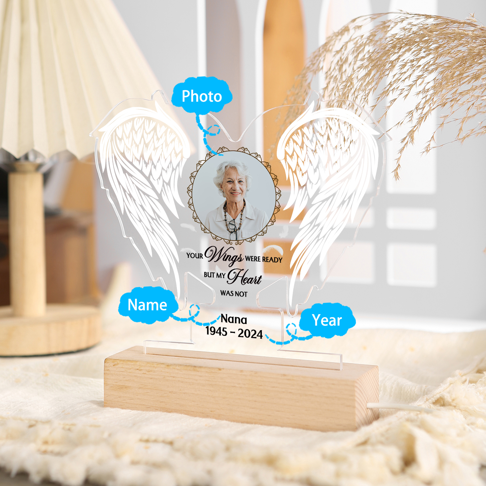Personalized Memorial Acrylic Heart-Shaped Night Light with Custom Photo & Name & Date - LED Lamp Christmas Memorial Gift | Jessemade