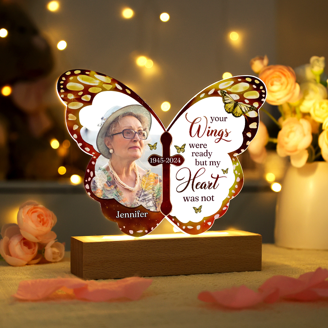 Personalized Butterfly Memorial Night Light with Wooden Base - Custom 1 Photo & 1 Name & Date Christmas Memorial Gift | Jessemade