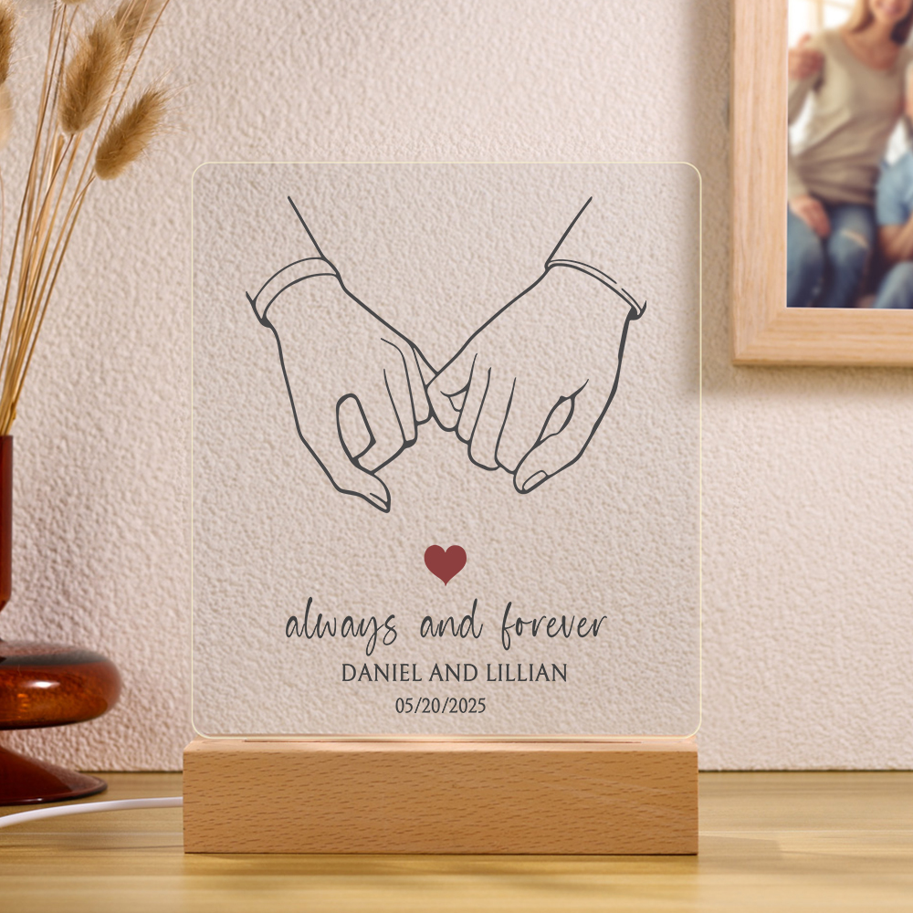 Personalised Night Light – Custom Names, Date & “Always and Forever” Design with Holding Hands – Valentine’s Day Gift for Him/Her | Jessemade