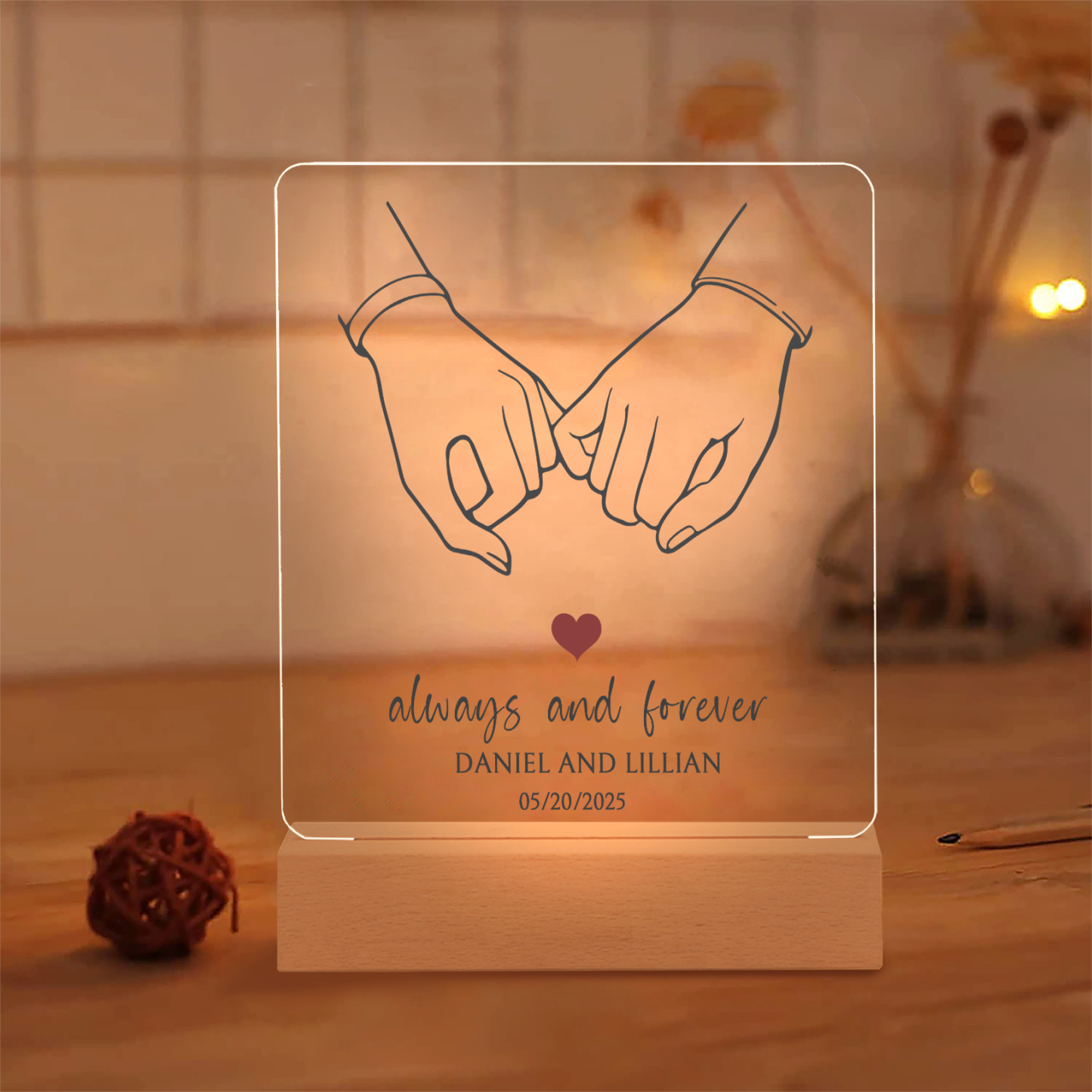 Personalised Night Light – Custom Names, Date & “Always and Forever” Design with Holding Hands – Valentine’s Day Gift for Him/Her | Jessemade