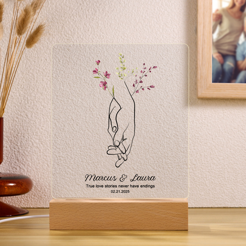 Personalised Night Light – Custom Names, Date & "True Love Stories Never Have Endings" Floral Design with Holding Hands – Valentine’s Day Gift for Her | Jessemade