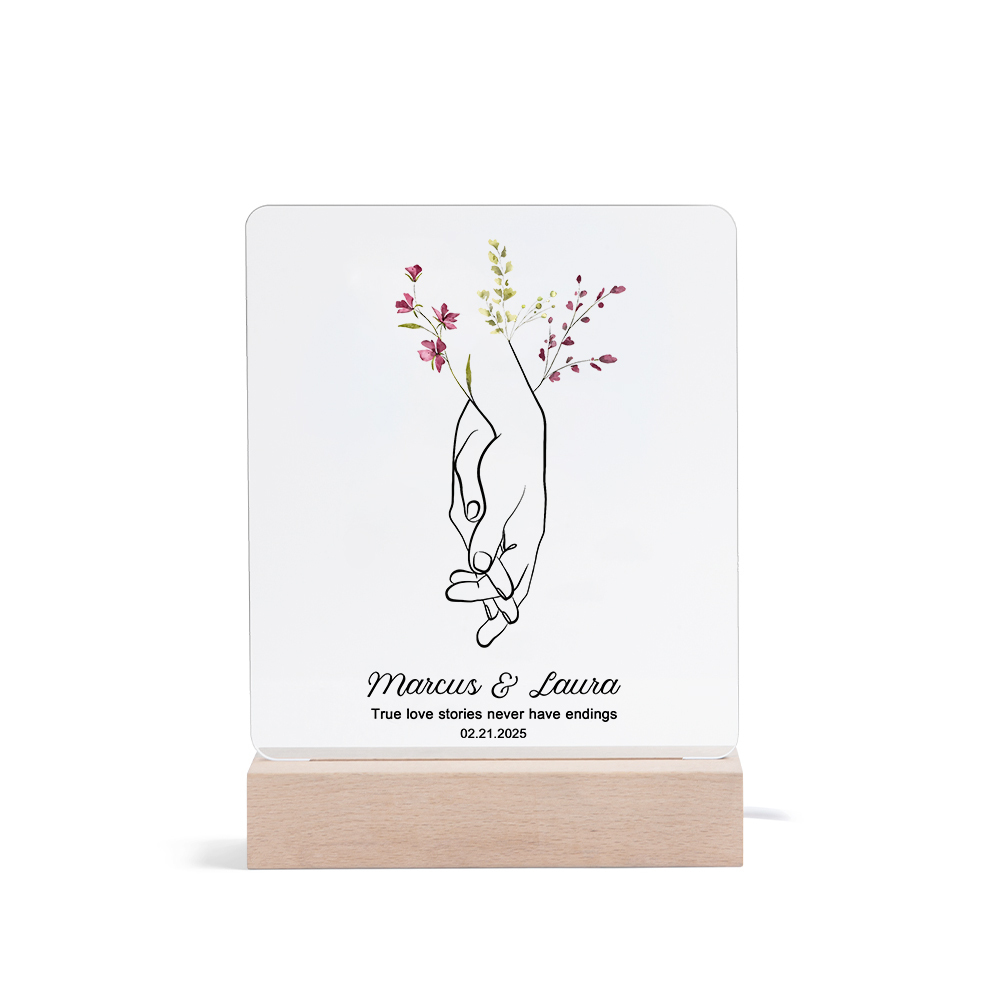 Personalised Night Light – Custom Names, Date & "True Love Stories Never Have Endings" Floral Design with Holding Hands – Valentine’s Day Gift for Her | Jessemade