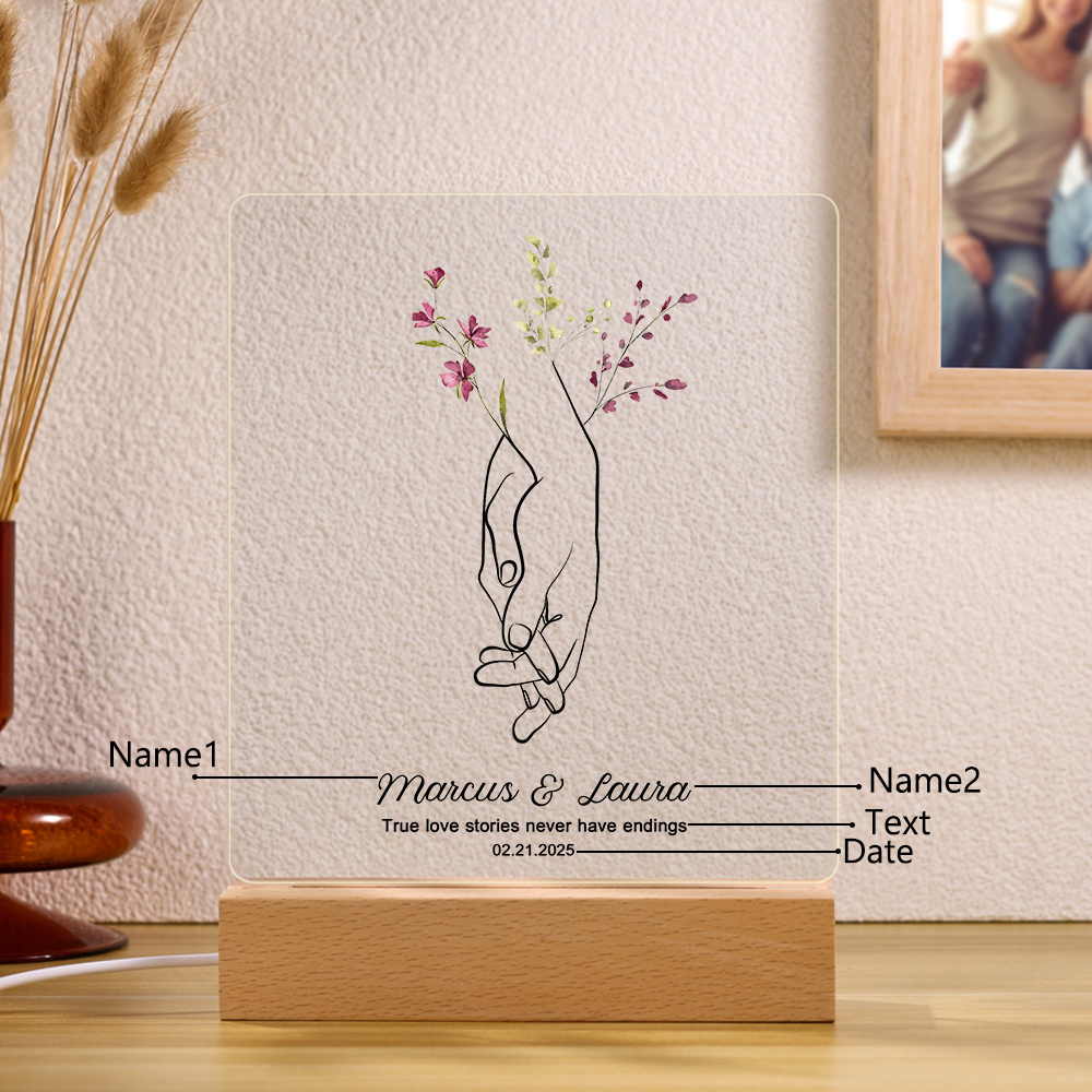 Personalised Night Light – Custom Names, Date & "True Love Stories Never Have Endings" Floral Design with Holding Hands – Valentine’s Day Gift for Her | Jessemade