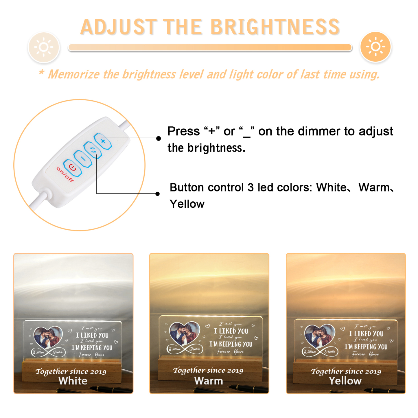 Personalised LED Photo Night Light with 2 Names and Year – Wooden Base Acrylic Lamp - Valentine’s Day Gift for Him/Her | Jessemade