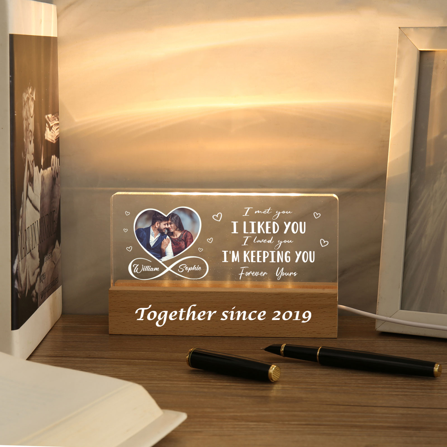 Personalised LED Photo Night Light with 2 Names and Year – Wooden Base Acrylic Lamp - Valentine’s Day Gift for Him/Her | Jessemade