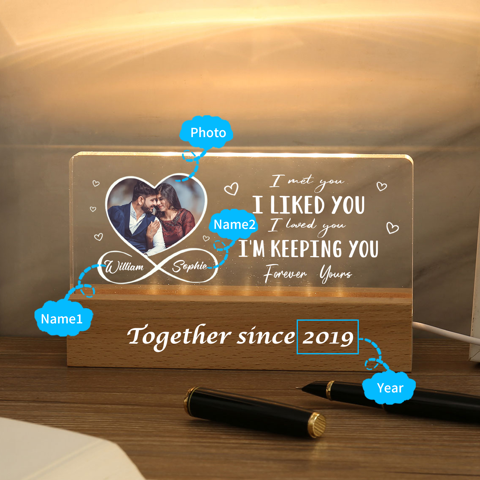 Personalised LED Photo Night Light with 2 Names and Year – Wooden Base Acrylic Lamp - Valentine’s Day Gift for Him/Her | Jessemade