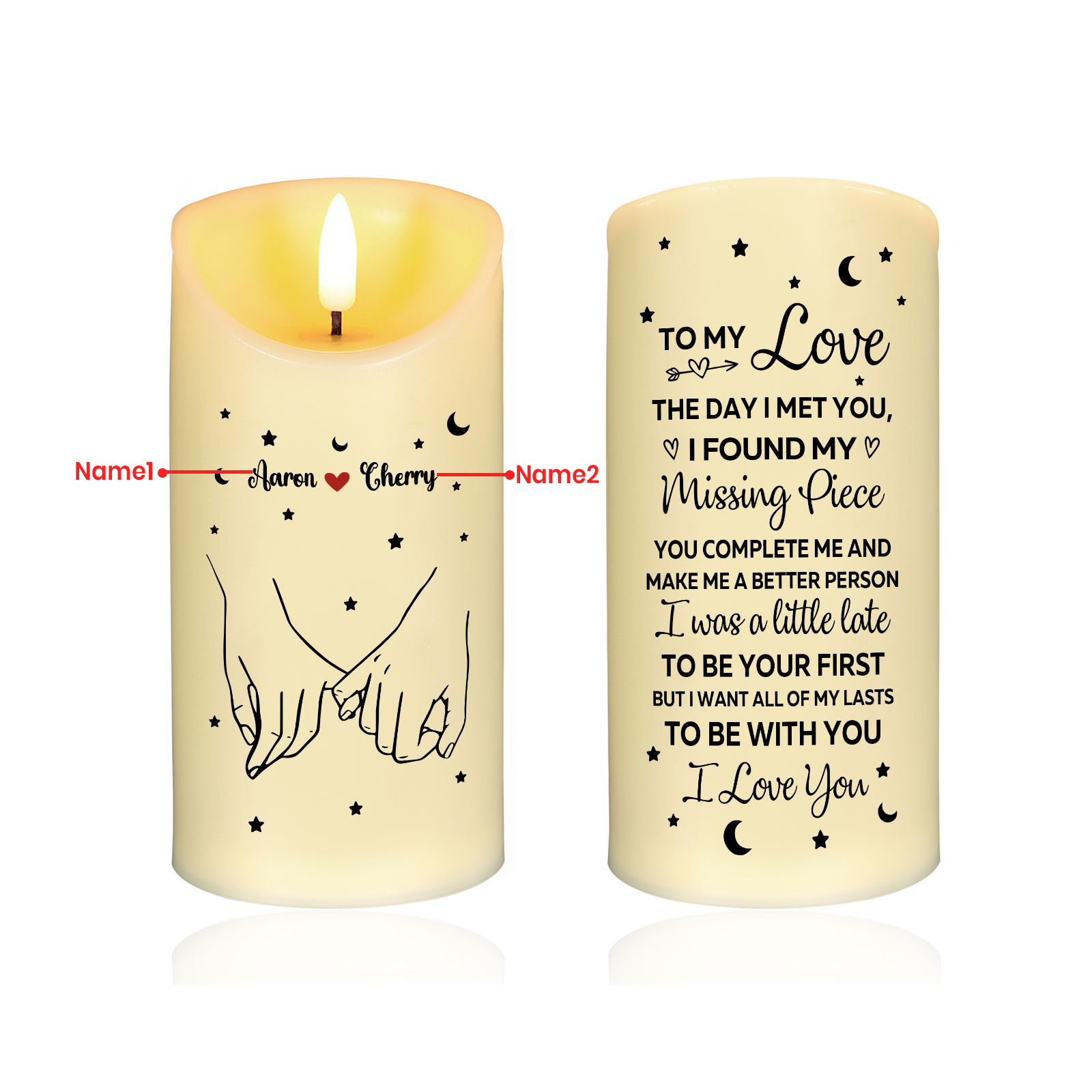 Personalised LED Candle with Custom 2 Names – "To My Love, The Day I Met You, I Found My Missing Piece" Gift with Optional Gift Box | Valentine’s Day Gift for Him/Her | Jessemade