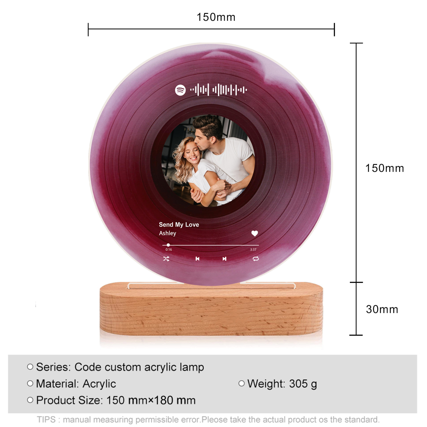 Personalised LED Photo Night Light with Custom Spotify Code, Photo & 2 Texts – 6 Styles Available – Valentine’s Day Gift for Him/Her | Jessemade