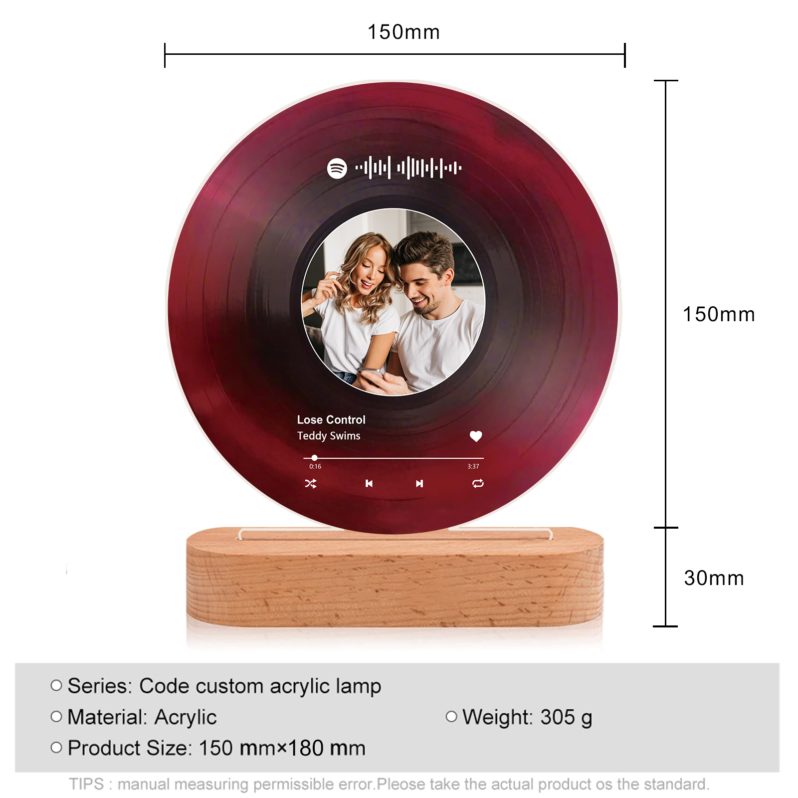 Personalised LED Photo Night Light with Custom Spotify Code, Photo & 2 Texts – 6 Styles Available – Valentine’s Day Gift for Him/Her | Jessemade