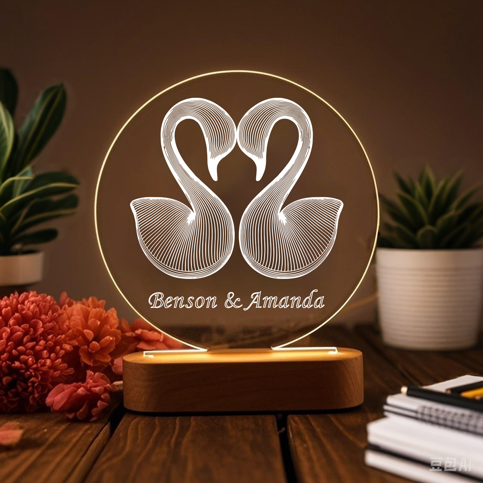 Personalised Swan Night Light - Customized with 1 Text, Romantic Swan Design, Valentine’s Day Gift for Couple | Jessemade