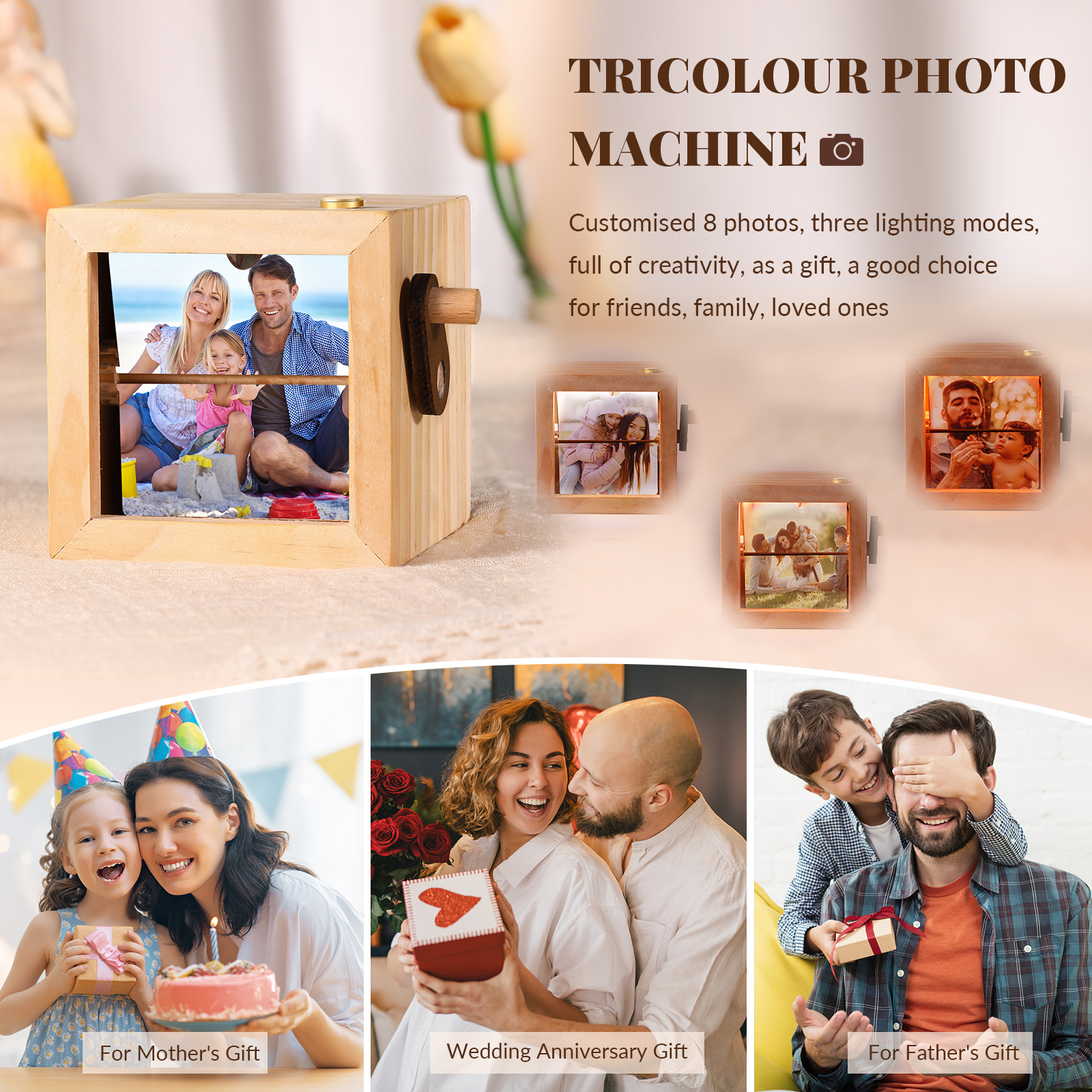 Personalised Wooden Tri-Colour LED Light, Custom 8 Photos Gift For Him/Her | Jessemade