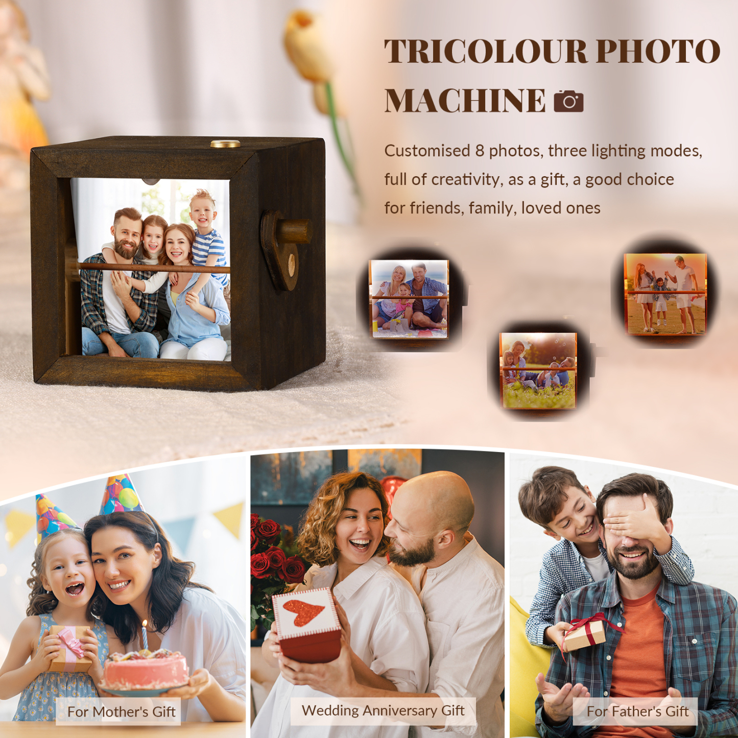 Personalised Wooden Tri-Colour LED Light – Custom 8 Photos, Black Walnut For Him/Her | Jessemade