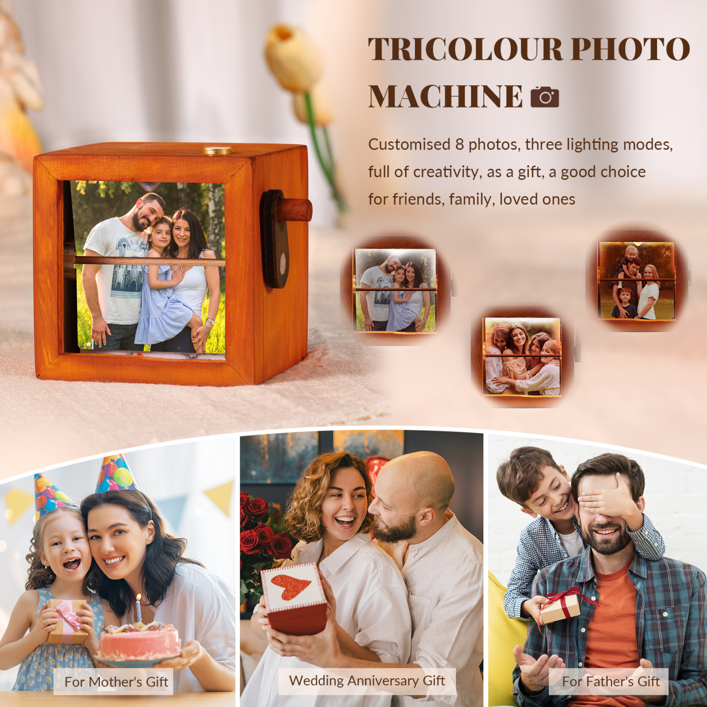 Personalised Wooden Tri-Colour LED Light, Custom 8 Photos Gift For Him/Her | Jessemade