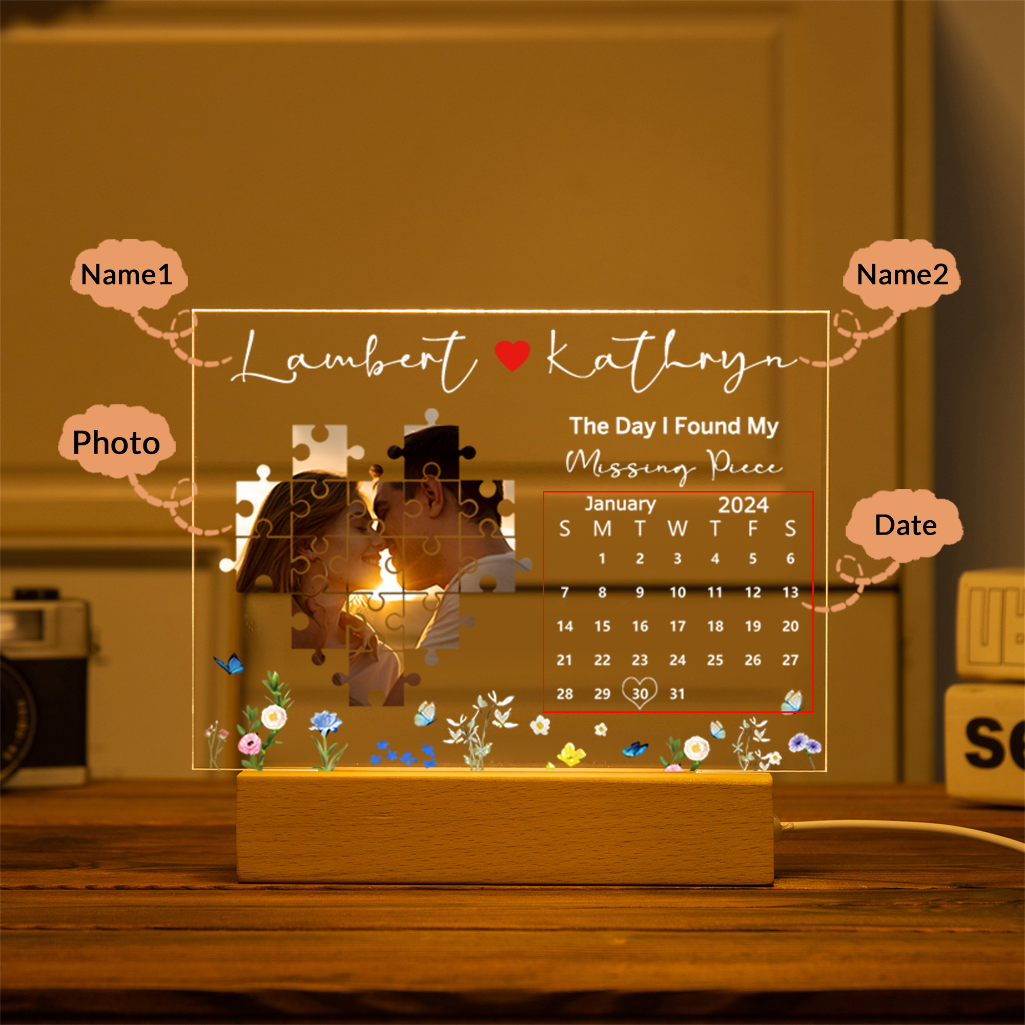 Personalised Anniversary Night Light – Custom Photo, Two Names & Date – "The Day I Found My Missing Piece" Design – Special Gifts for Couples | Jessemade