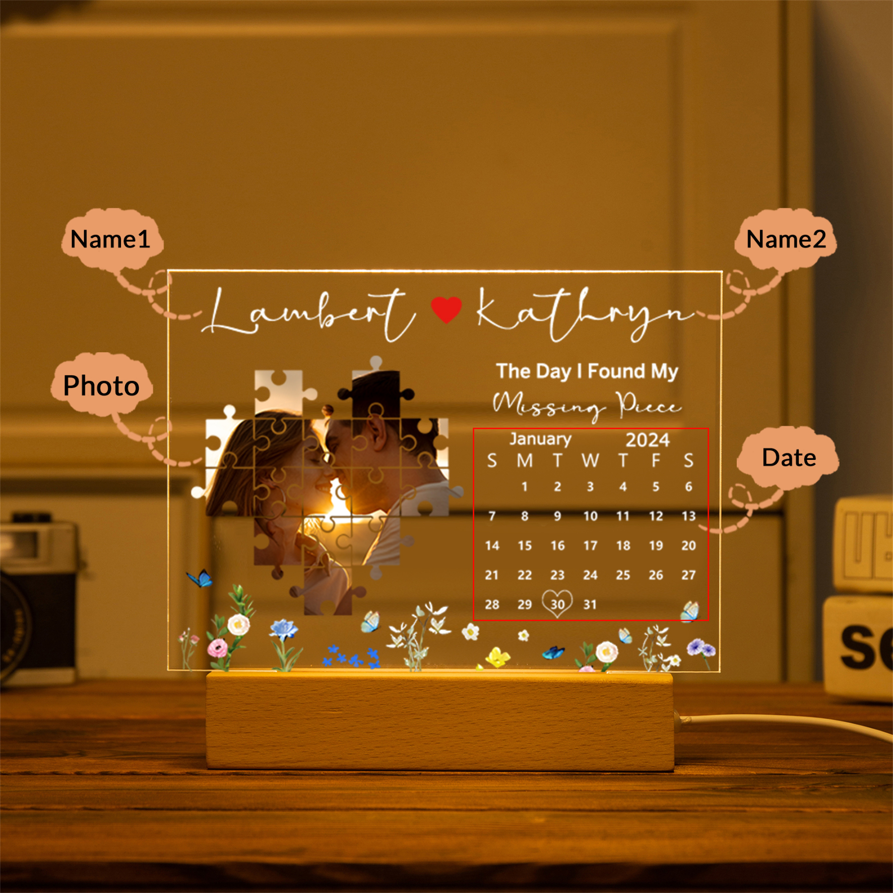 Personalised Anniversary Night Light – Custom Photo, Two Names & Date – "The Day I Found My Missing Piece" Design – Special Gifts for Couples | Jessemade