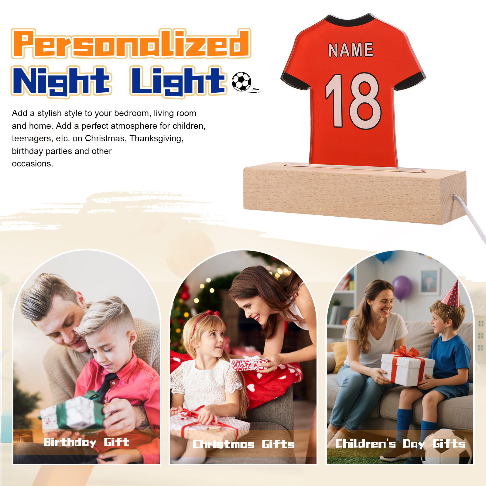 Personalised Football Shirt Night Light – Custom Name and Number – LED Lamp for Bedroom Decor and Gifts | Jessemade