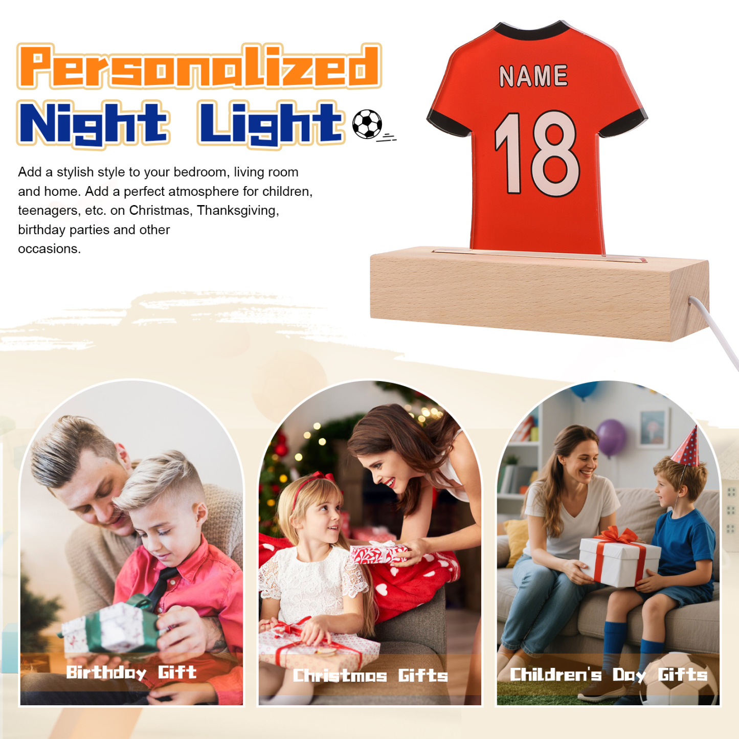 Personalised Football Shirt Night Light – Custom Name and Number – LED Lamp for Bedroom Decor and Gifts | Jessemade