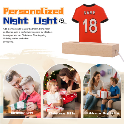 Personalised Football Shirt Night Light – Custom Name and Number – LED Lamp for Bedroom Decor and Gifts | Jessemade
