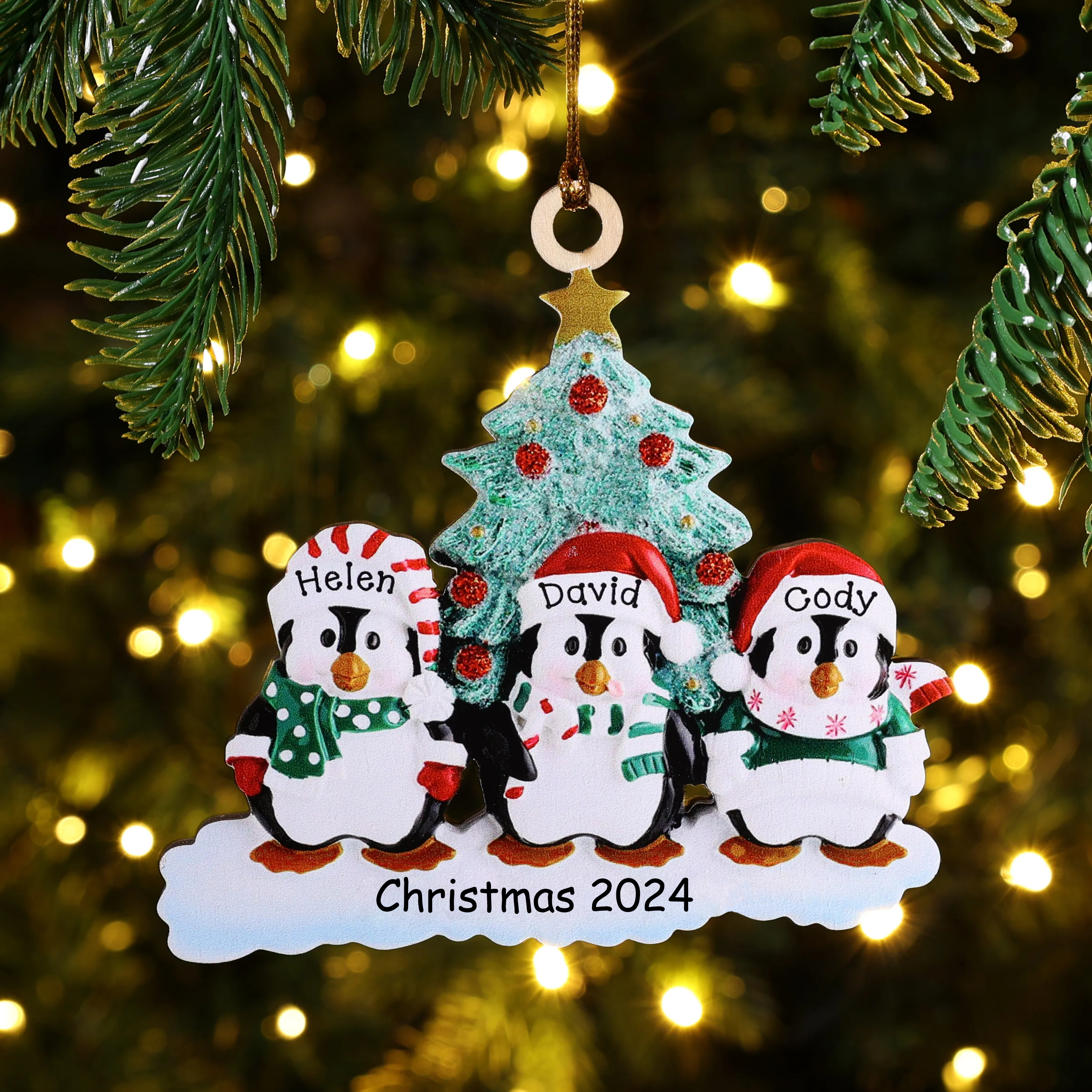 3 Names-Personalised Family Wooden Christmas Ornament-Custom 3 Names Hanging Ornament Gifts For Family-Winter Penguin Family
