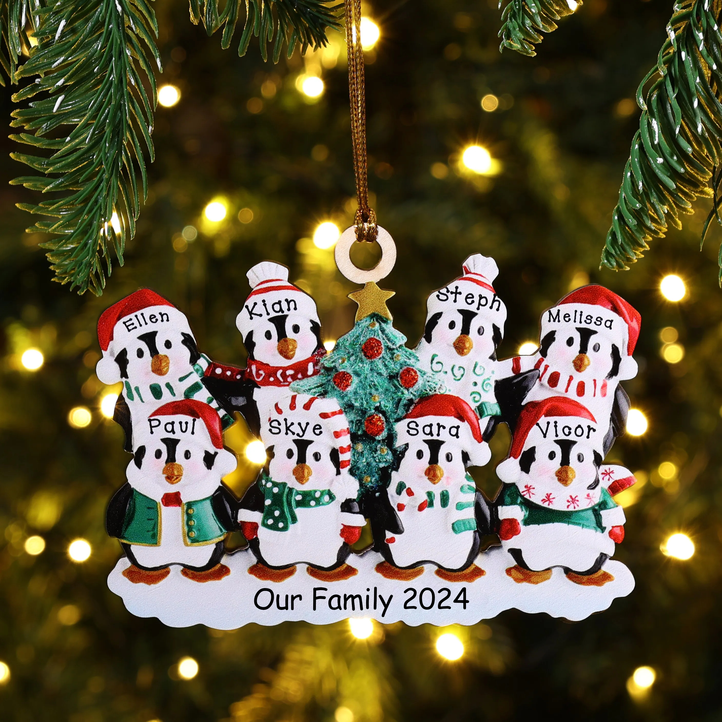 8 Names-Personalised Family Wooden Christmas Ornament-Custom 8 Names Hanging Ornament Gifts For Family-Winter Penguin Family