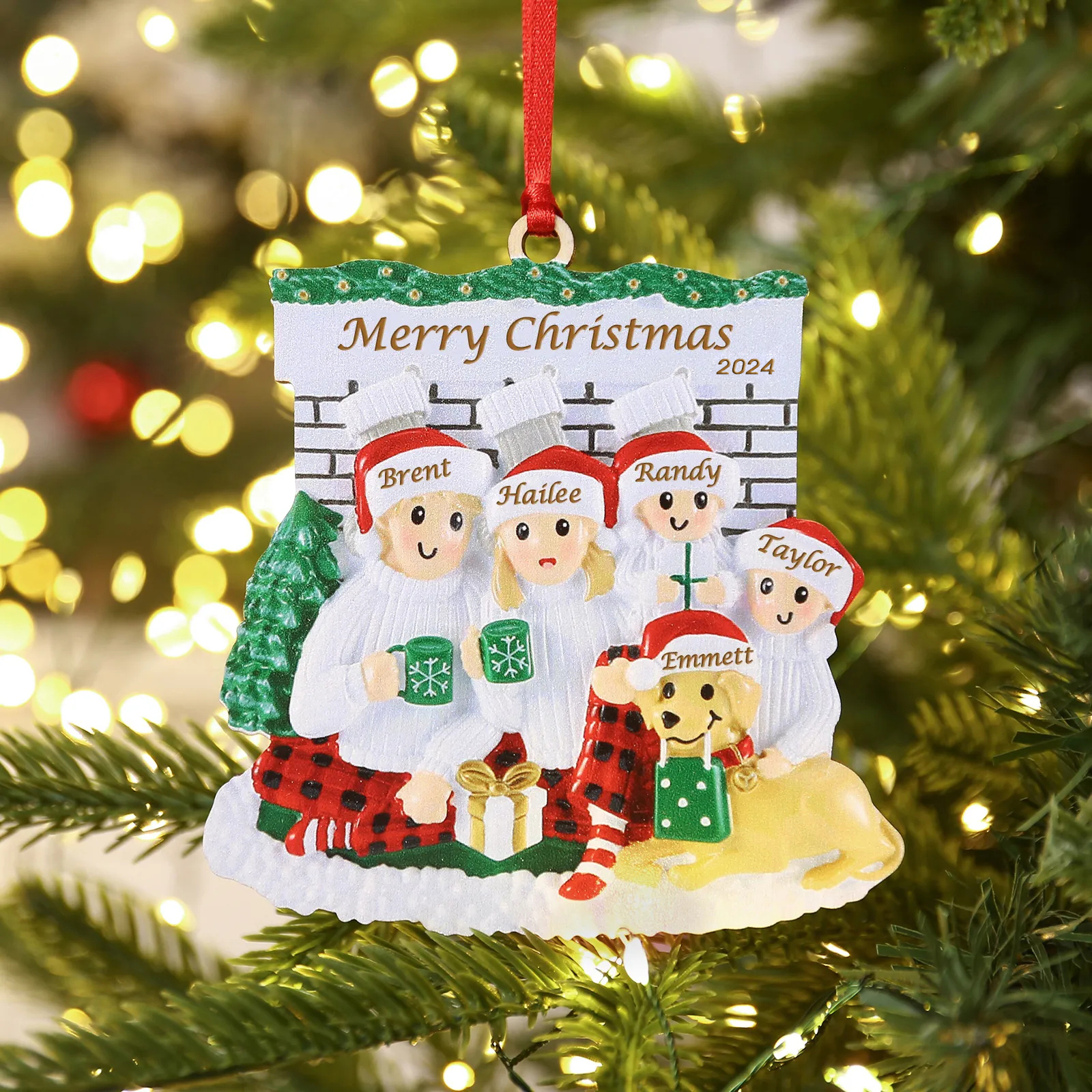 5 Names-Personalised Family Wooden Christmas Xmas Tree Decoration Ornament with Dog-Custom 5 Names Hanging Ornament Gifts For Family