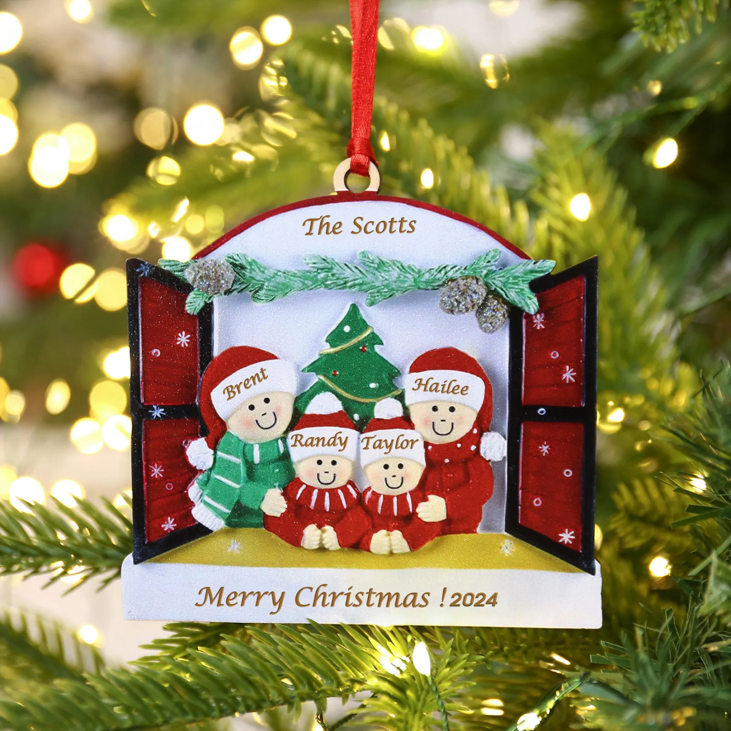 4 Names-Personalised Family Wooden Christmas Xmas Tree Decoration Ornament-Custom 4 Names Hanging Ornament Gifts For Family
