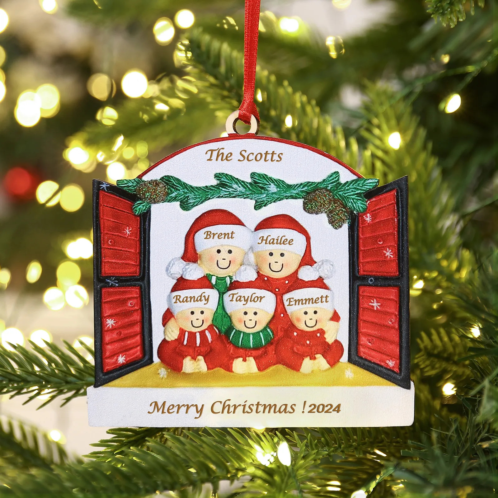 5 Names-Personalised Family Wooden Christmas Xmas Tree Decoration Ornament-Custom 5 Names Hanging Ornament Gifts For Family