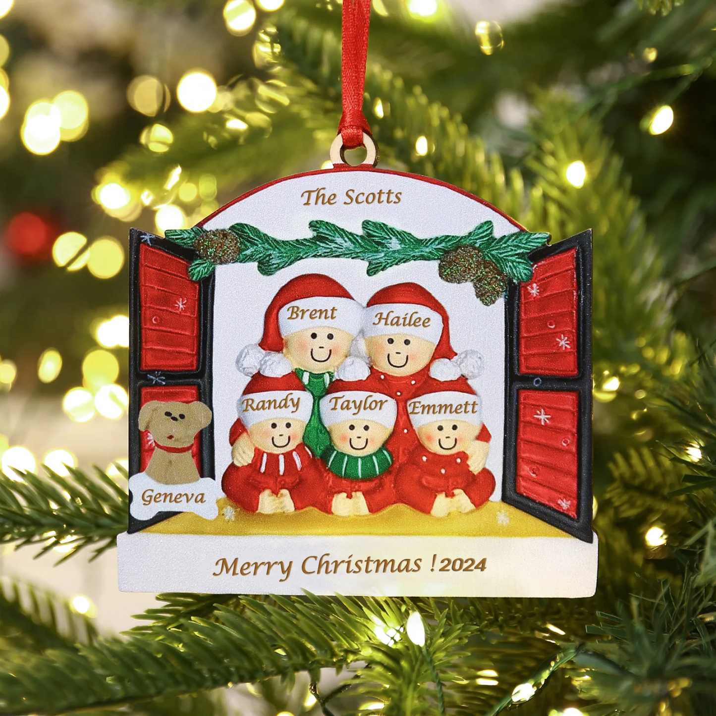 6 Names-Personalised Family Wooden Christmas Xmas Tree Decoration Ornament-Custom 6 Names Hanging Ornament  with Dog Gifts For Family