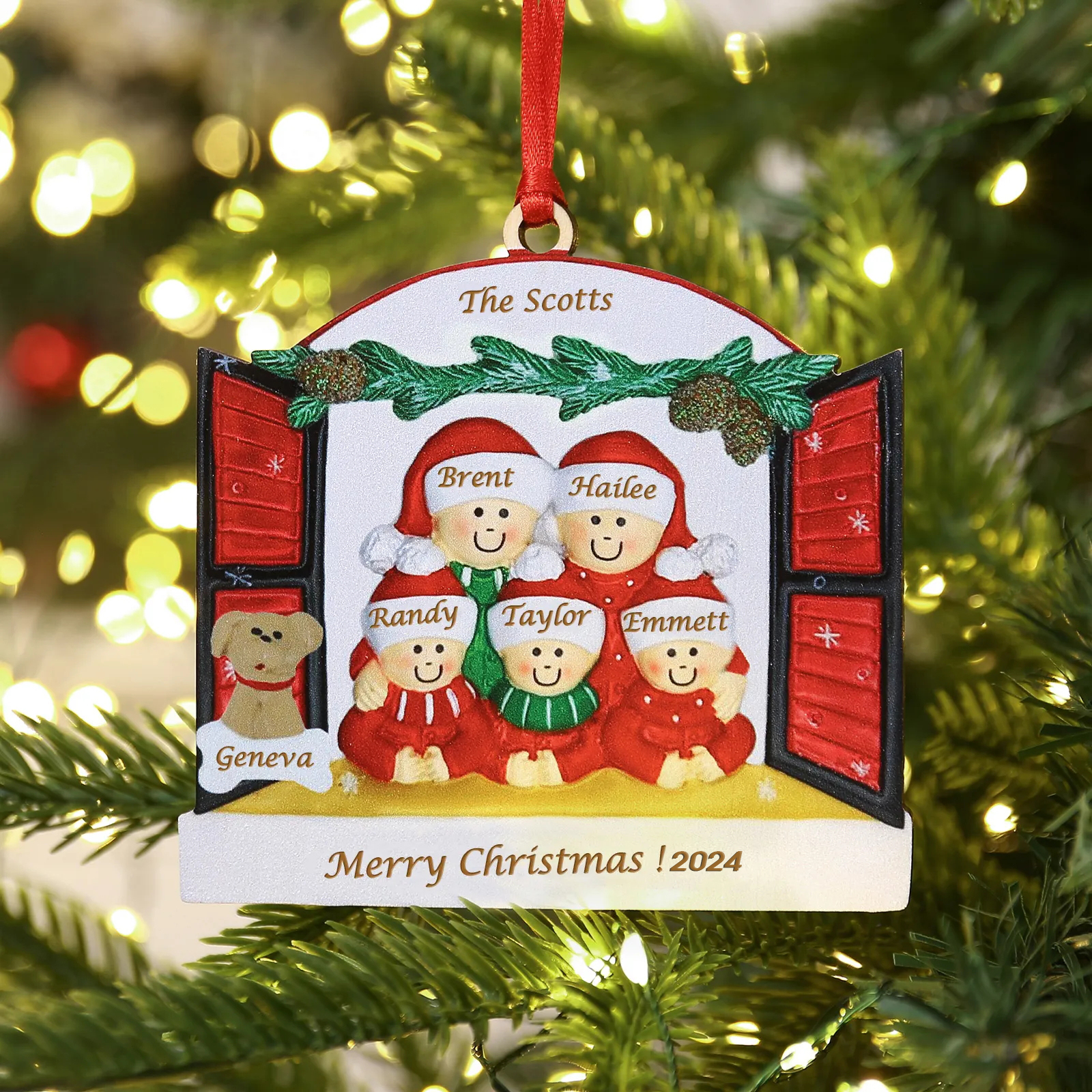 6 Names-Personalised Family Wooden Christmas Xmas Tree Decoration Ornament-Custom 6 Names Hanging Ornament  with Dog Gifts For Family