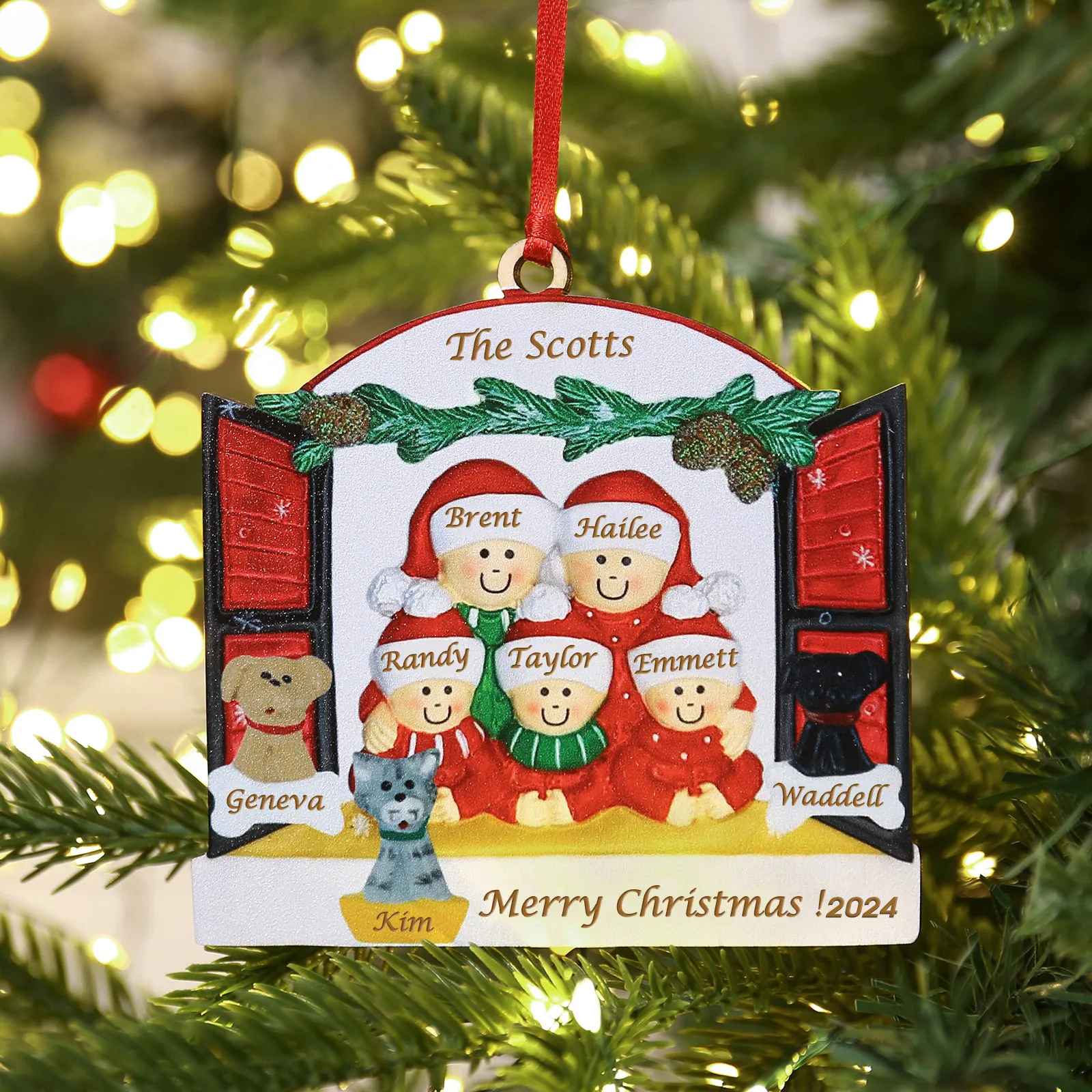 7 Names-Personalised Family Wooden Christmas Xmas Tree Decoration Ornament-Custom 7 Names Hanging Ornament  with Dog and Cat Gifts For Family