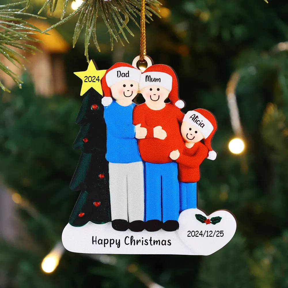 3 Names-Personalised Family Wooden Christmas Xmas Tree Decoration Ornament-Custom 3 Names And Dates Hanging Ornament Gifts For Family