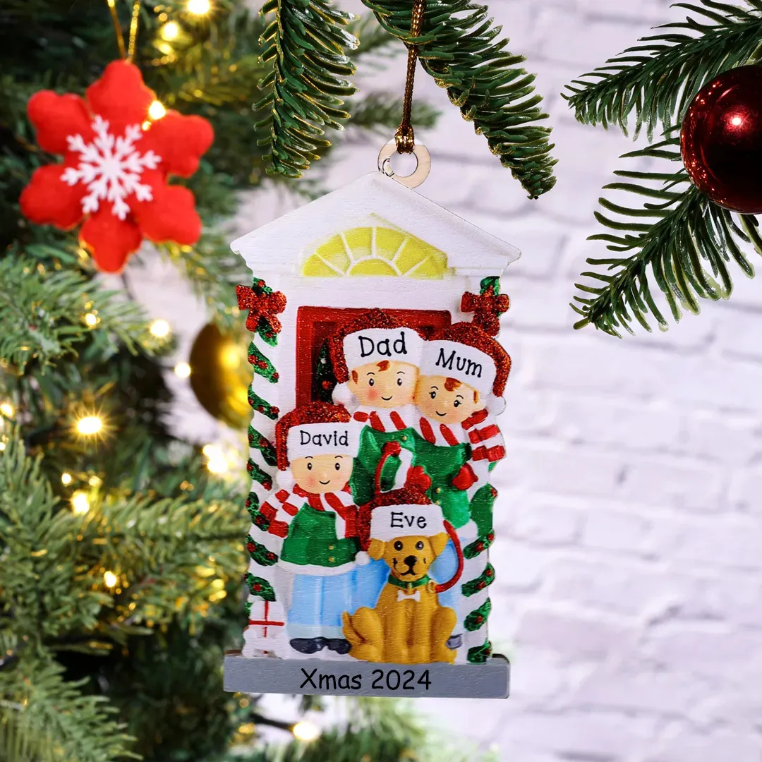 4 Names+Dog Name-Personalised Family Christmas Xmas Tree Decoration Hanging Wooden Ornament with Name-Family with Dog