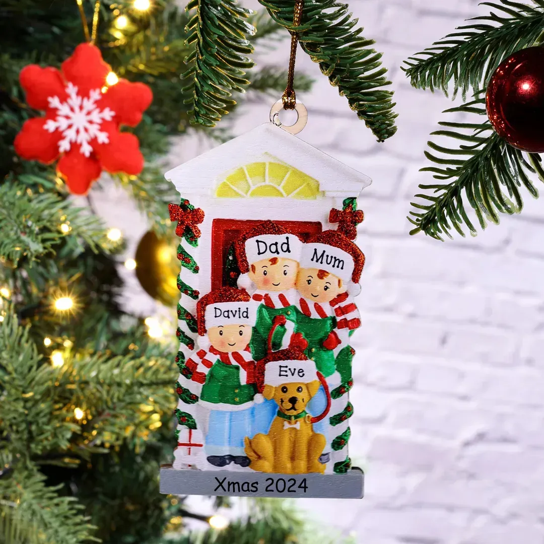 4 Names+Dog Name-Personalised Family Christmas Xmas Tree Decoration Hanging Wooden Ornament with Name-Family with Dog