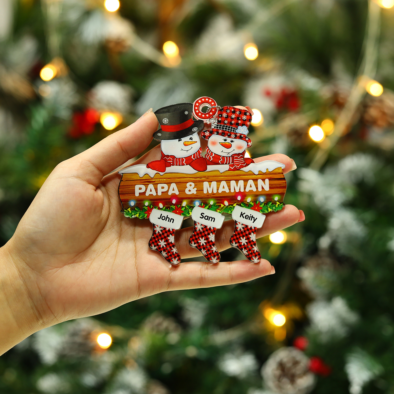 3 Names-Personalized Family Acrylic Snow Man Christmas Xmas Tree Decoration Ornament-Custom 3 Names And Text Hanging Ornament Gifts For Family