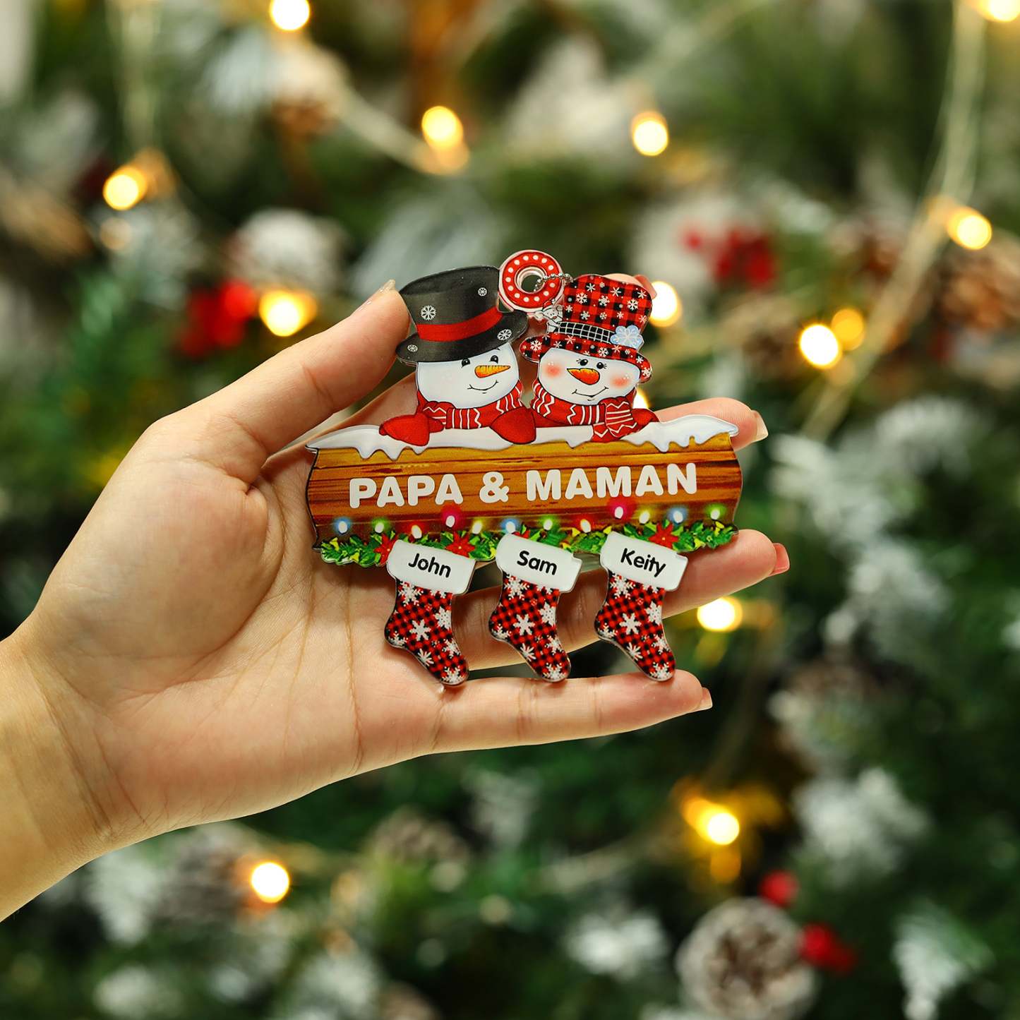 3 Names-Personalized Family Acrylic Snow Man Christmas Xmas Tree Decoration Ornament-Custom 3 Names And Text Hanging Ornament Gifts For Family