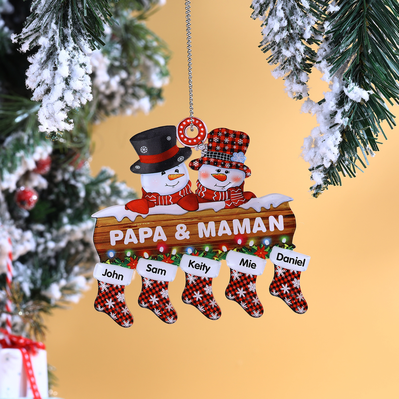 5 Names-Personalized Family Acrylic Snow Man Christmas Xmas Tree Decoration Ornament-Custom 5 Names And Text Hanging Ornament Gifts For Family