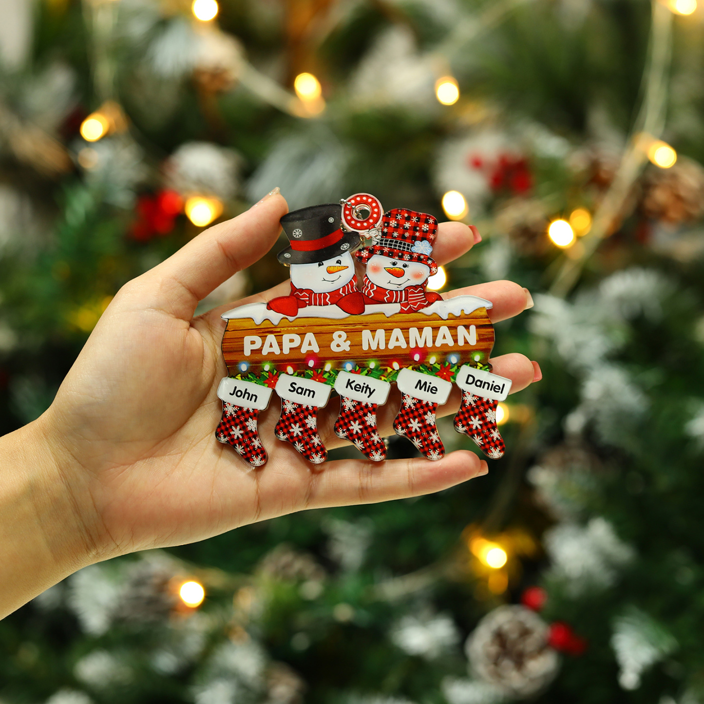 5 Names-Personalized Family Acrylic Snow Man Christmas Xmas Tree Decoration Ornament-Custom 5 Names And Text Hanging Ornament Gifts For Family