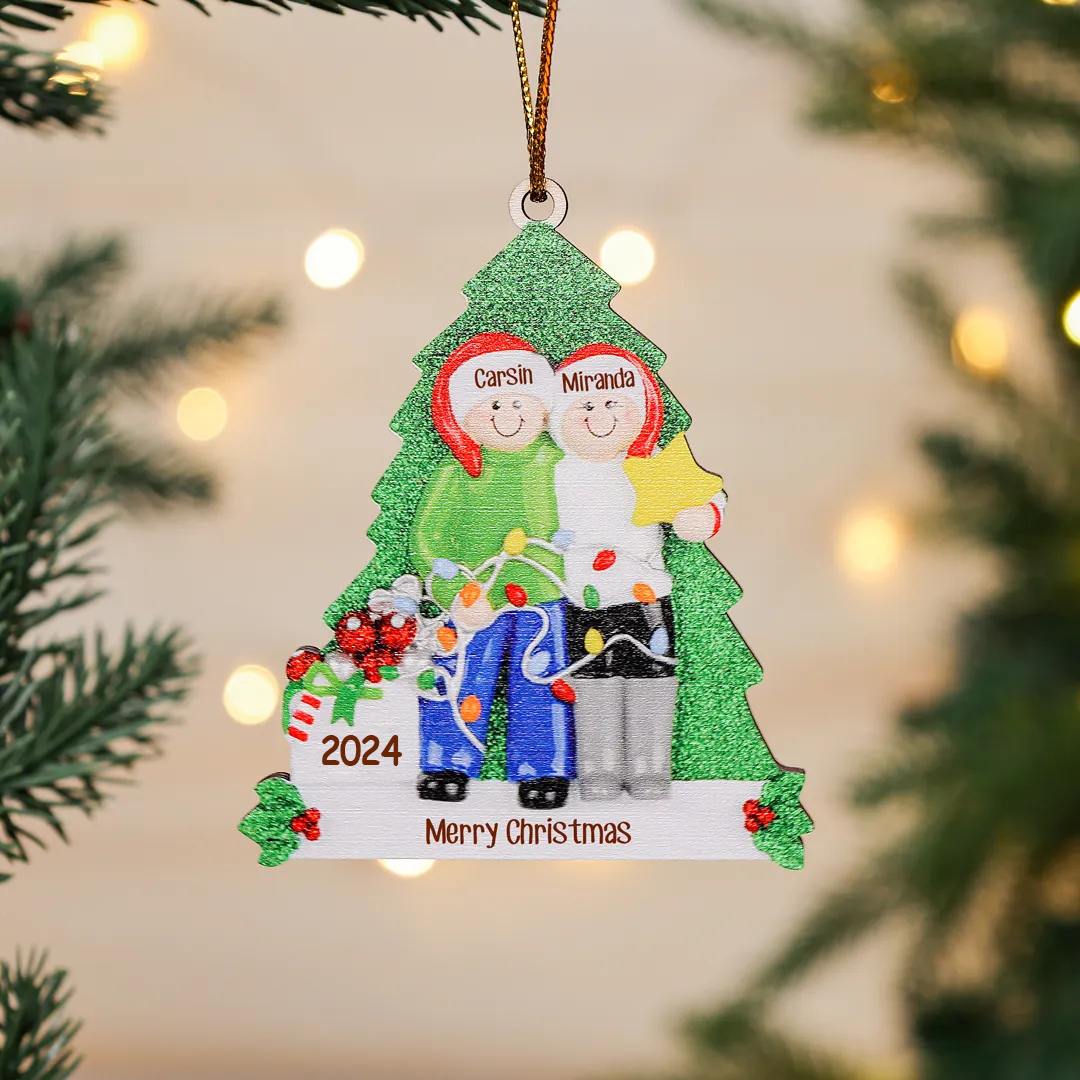 Personalised Couples Christmas Hanging Ornaments Custom 2 Names & Year & Text Wooden Xmas Ornament Gifts for Couples