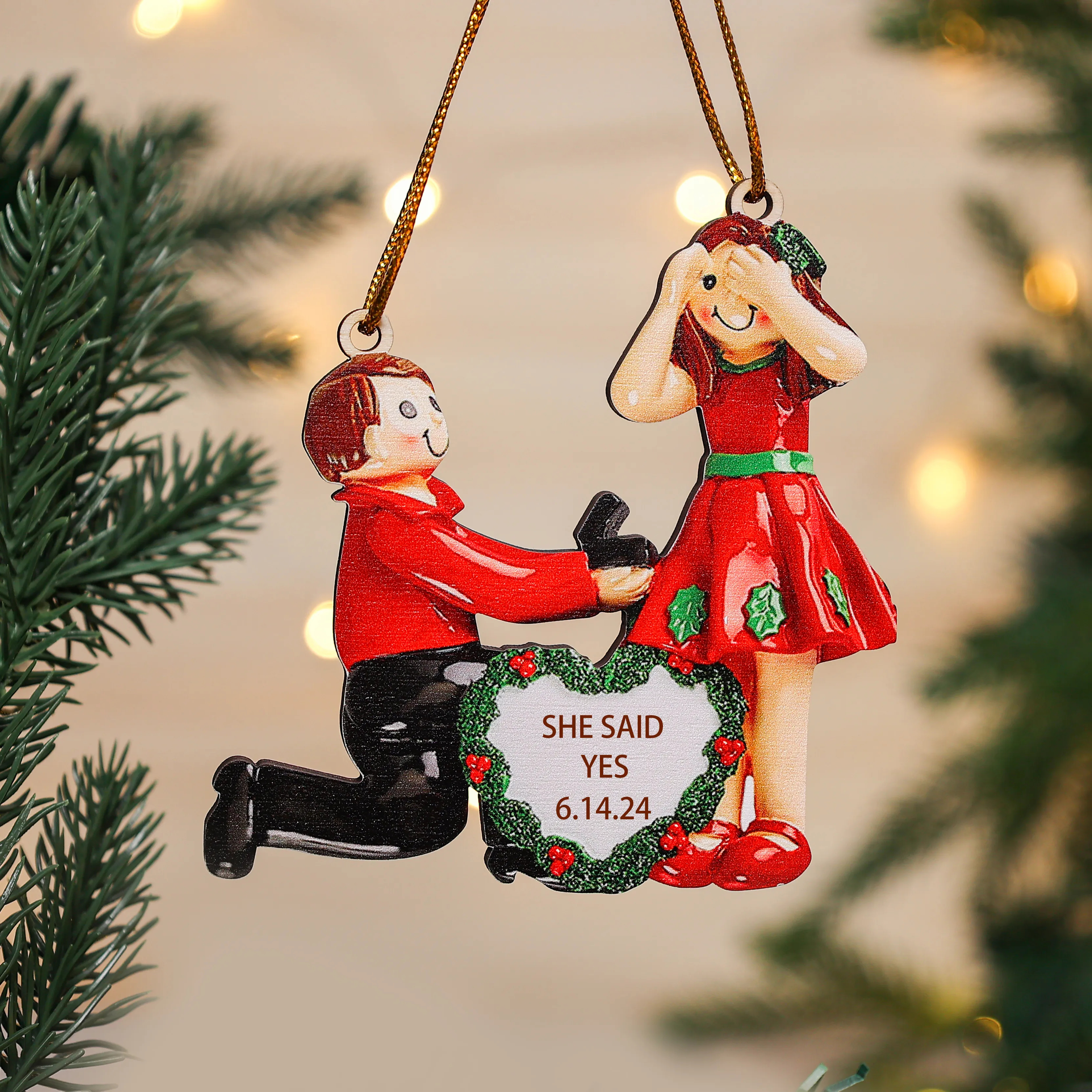 Personalised Engagement Christmas Ornaments Custom Text & Date Wooden Hanging Ornament Gift for Couples
