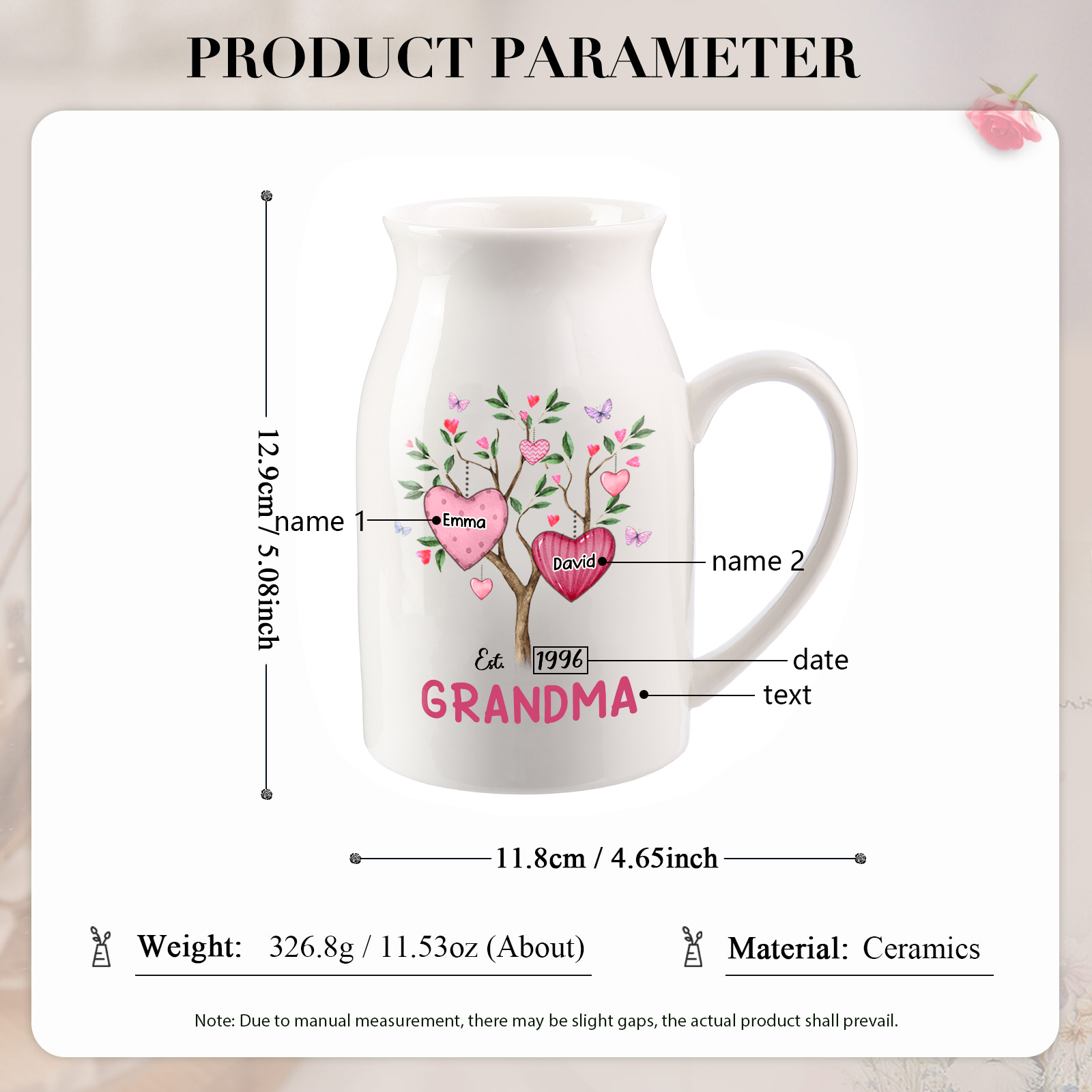 Personalised Heart Tree Ceramic Vase with 2-8 Names, 1 Date & 1 Text – Unique Mother's Day Gifts for Mum | Jessemade