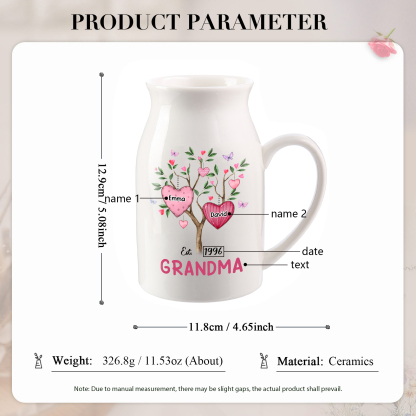 Personalised Heart Tree Ceramic Vase with 2-8 Names, 1 Date & 1 Text – Unique Mother's Day Gifts for Mum | Jessemade
